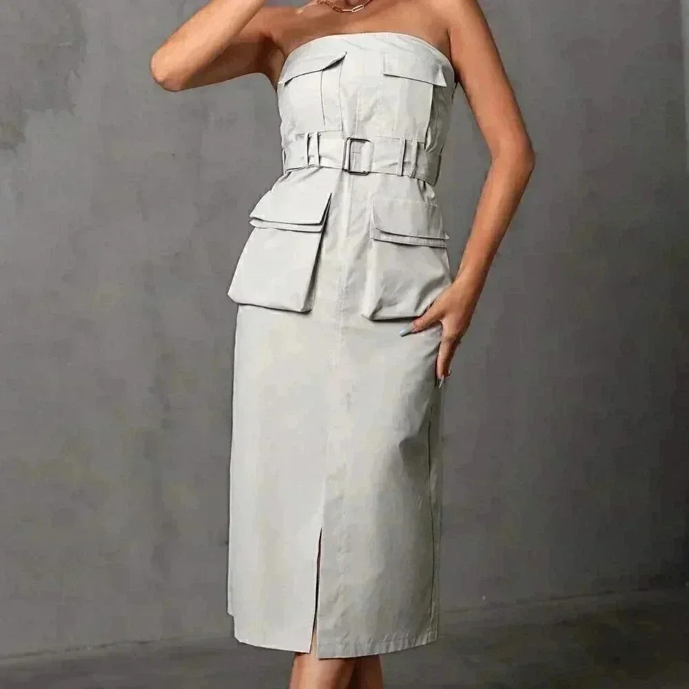 Light Grey Casual Womens Flap Pocket Split Thigh Belted Tube Dress
